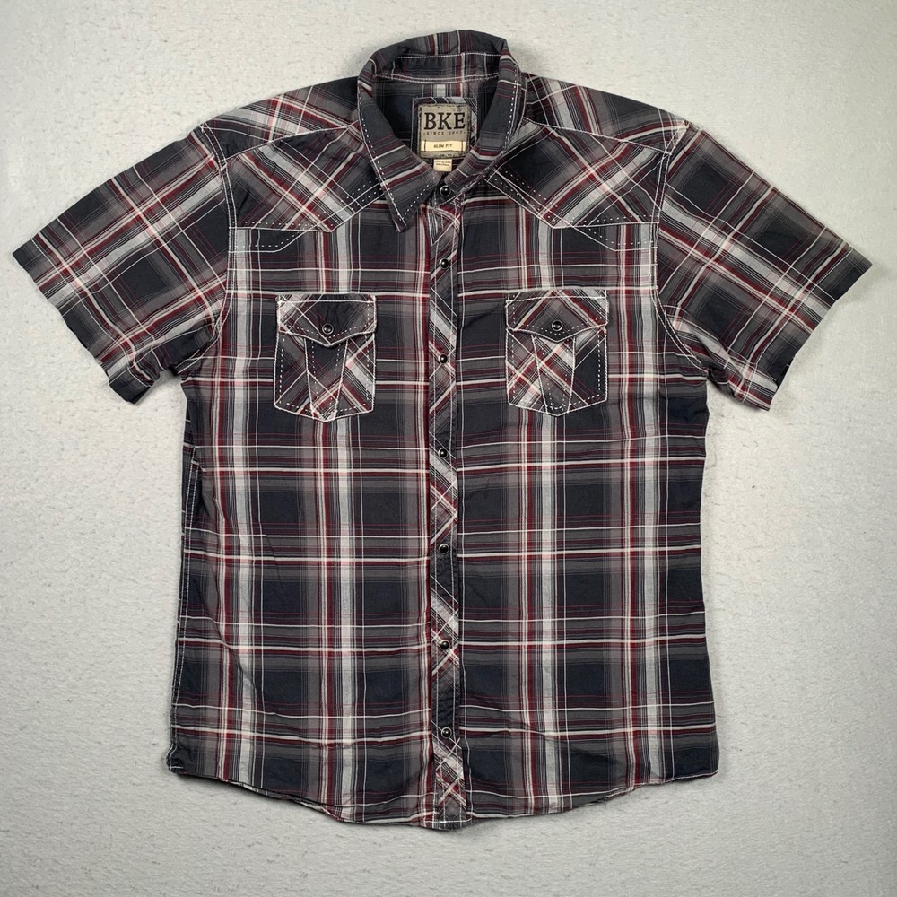 BKE Button Down Mens XXL Gray Red Plaid Slim Fit Western Pearl Snap Short Sleeve